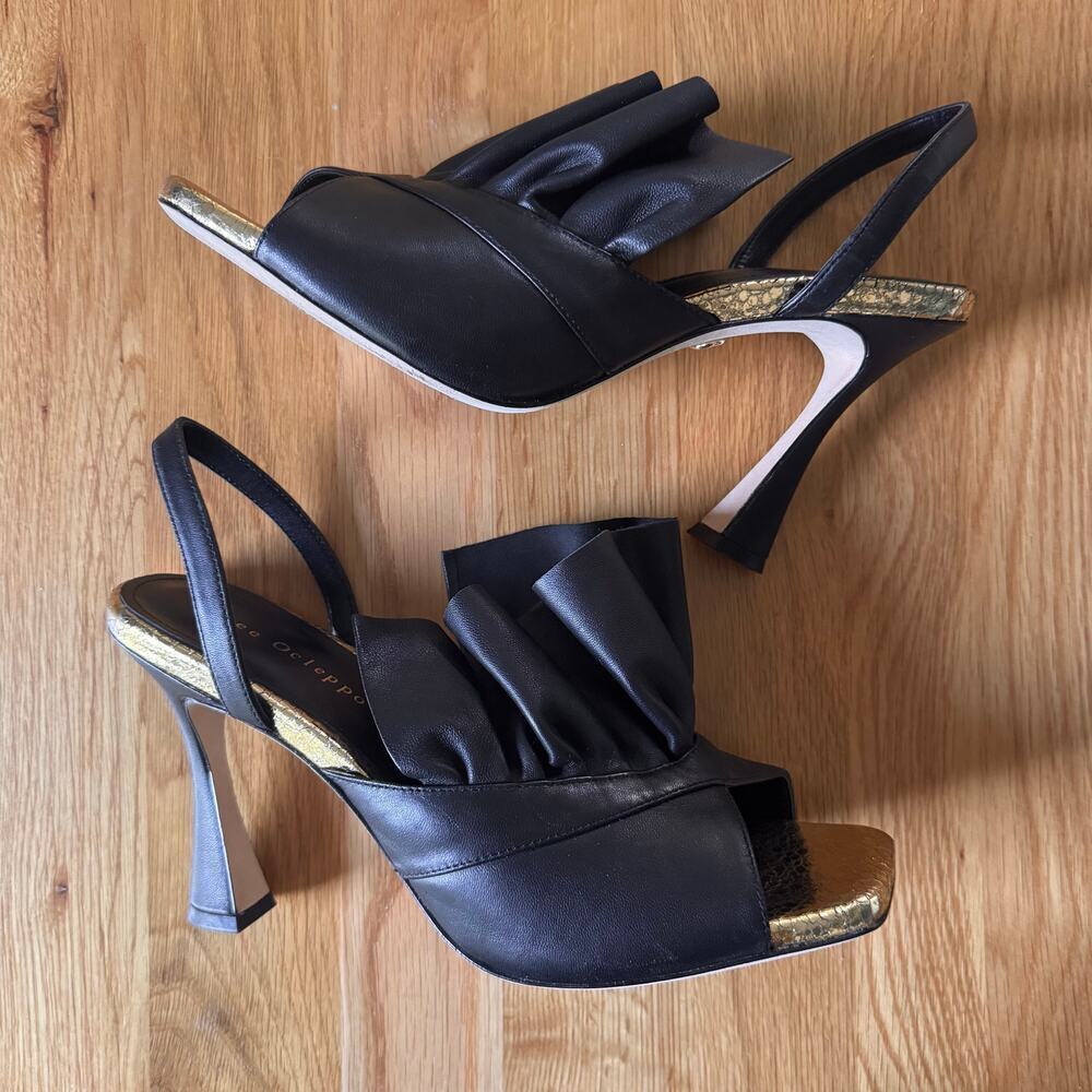 Dee Ocleppo Flutter Leather Ruffle Black Gold Open Toe Slingback Heel Size 10 - Picture 4 of 13